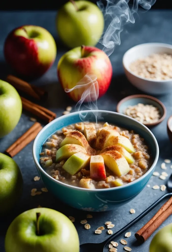 A steaming bowl of apple cinnamon oatmeal surrounded by fresh apples, cinnamon sticks, and a sprinkle of oats