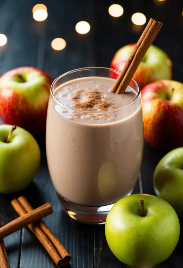 A glass filled with apple cinnamon smoothie surrounded by fresh apples and cinnamon sticks