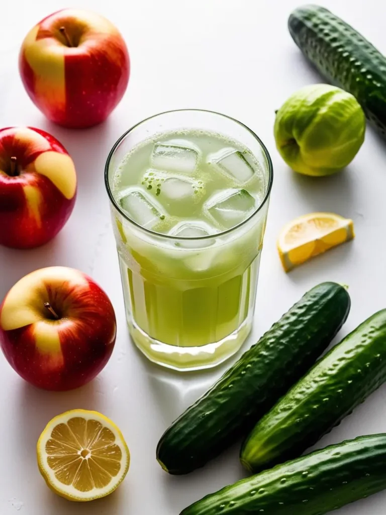 A glass of apple cucumber cooler surrounded by fresh fruits and vegetables on a table