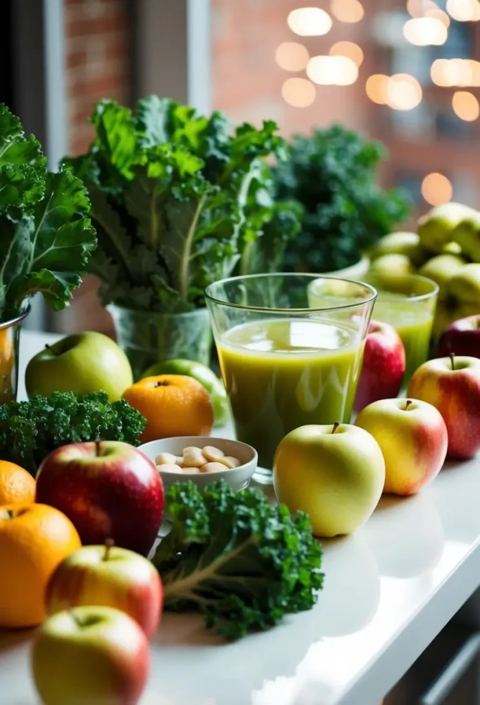 A table with various fruits and vegetables, including apples and kale, arranged for juicing