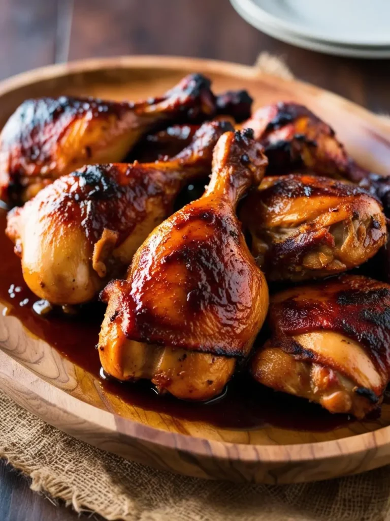 A close-up photo of a platter of honey-glazed chicken drumsticks. The drumsticks are golden brown and covered in a thick, sticky sauce. There are two plates in the background.