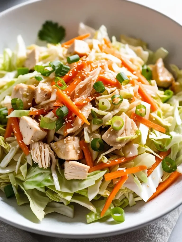 A colorful Asian-inspired chicken and cabbage salad served in a white bowl. The salad features tender chunks of chicken breast, finely shredded cabbage, thinly sliced carrots, and vibrant green onions sprinkled throughout. The dish is garnished with a light drizzle of sesame seeds, adding a touch of crunch. 