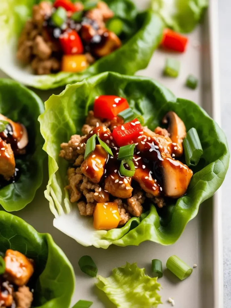 Lettuce wraps filled with ground turkey, vegetables, and a sweet and savory sauce. The wraps look colorful and appetizing.