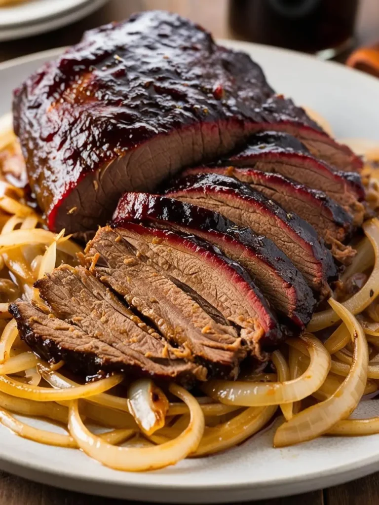 A plate of sliced smoked brisket with caramelized onions.