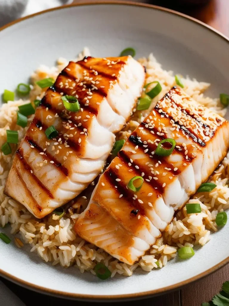 Two golden-brown grilled cod fillets are glazed with a sweet and savory sauce and sprinkled with sesame seeds and green onions. The fish is served on a bed of white rice and looks incredibly appetizing.