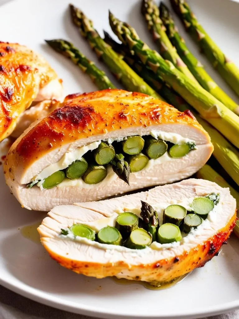 A plate of sliced chicken breast stuffed with asparagus and topped with a creamy goat cheese filling. The chicken is seasoned and has a golden brown crust. A side of roasted asparagus spears completes the dish.