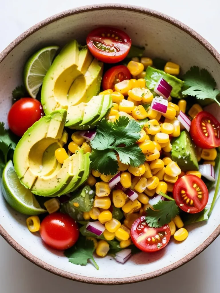 A vibrant bowl of avocado corn salad with avocado, tomato, corn and cilantro