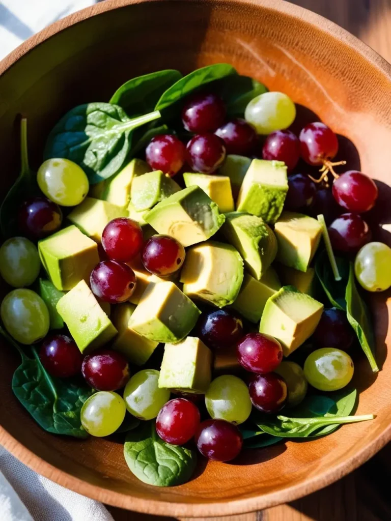 A wooden bowl filled with a refreshing salad of spinach, avocado, and red and green grapes. The salad looks vibrant and healthy, perfect for a light lunch or side dish.