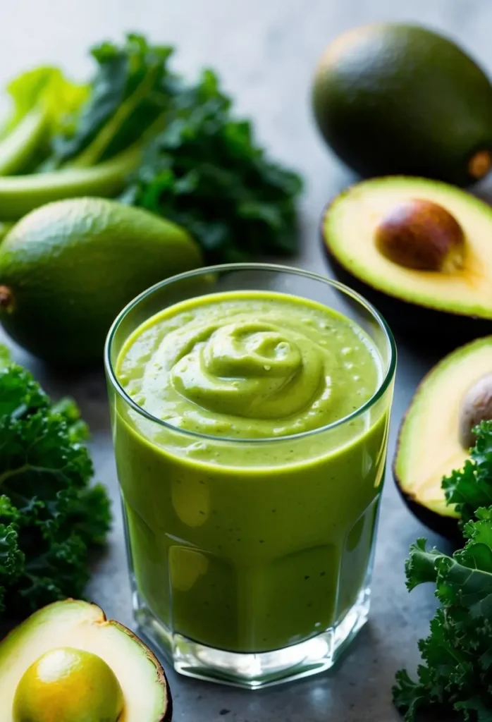 A glass filled with a vibrant green avocado kale smoothie surrounded by fresh ingredients like avocados, kale leaves, and other fruits and vegetables