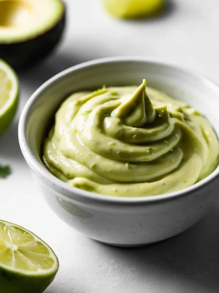 A small bowl filled with a creamy, green avocado dressing. The dressing has a smooth texture and is swirled in the bowl. There are lime wedges and avocado halves visible in the background.