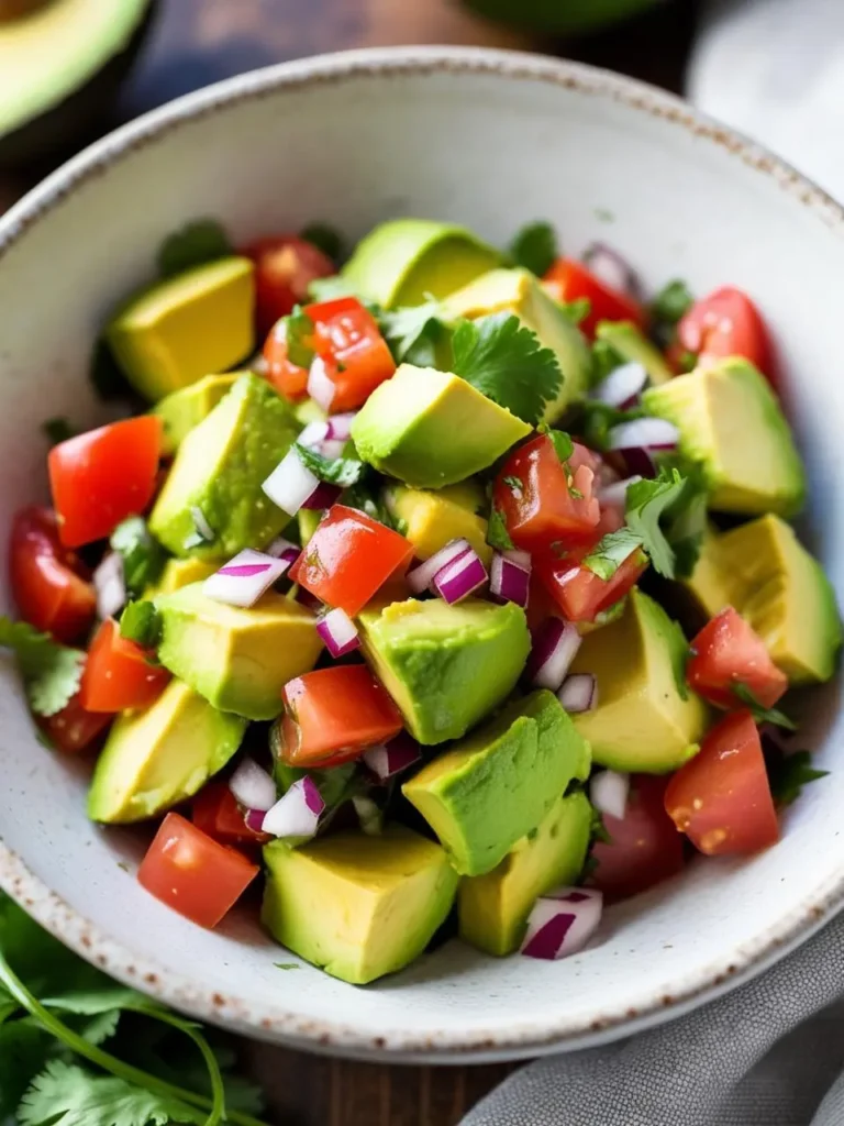 A bowl of fresh avocado salsa, with diced avocados, tomatoes, red onions, and cilantro. The salsa looks vibrant and refreshing, perfect for topping tacos, burritos, or serving as a side dish.