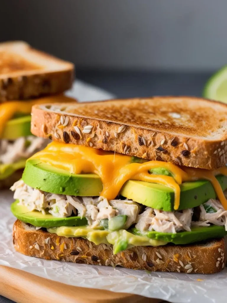 A mouthwatering avocado tuna melt on the wooden chopping board