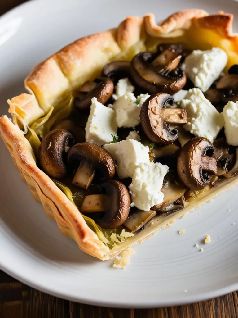 A golden brown tart filled with sautéed mushrooms and crumbled feta cheese, sitting on a white plate. The tart looks delicious and perfect for a light lunch or appetizer.