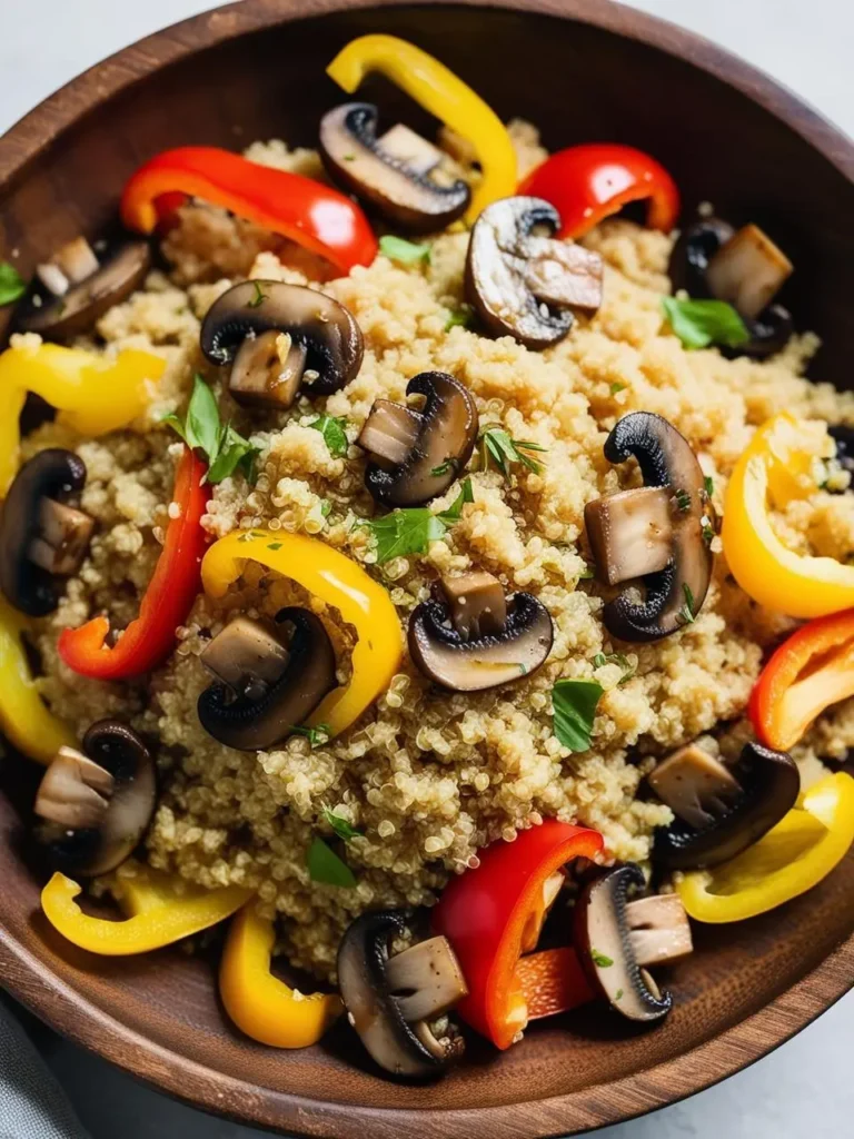 A bowl of fluffy quinoa topped with sautéed mushrooms, roasted bell peppers, and fresh herbs. The dish looks colorful and flavorful, perfect for a light and healthy meal.