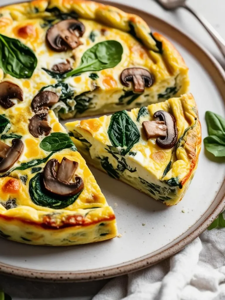 A golden brown frittata with spinach and mushrooms, sliced on a white plate. The frittata looks fluffy and delicious, perfect for a healthy and satisfying breakfast or brunch.