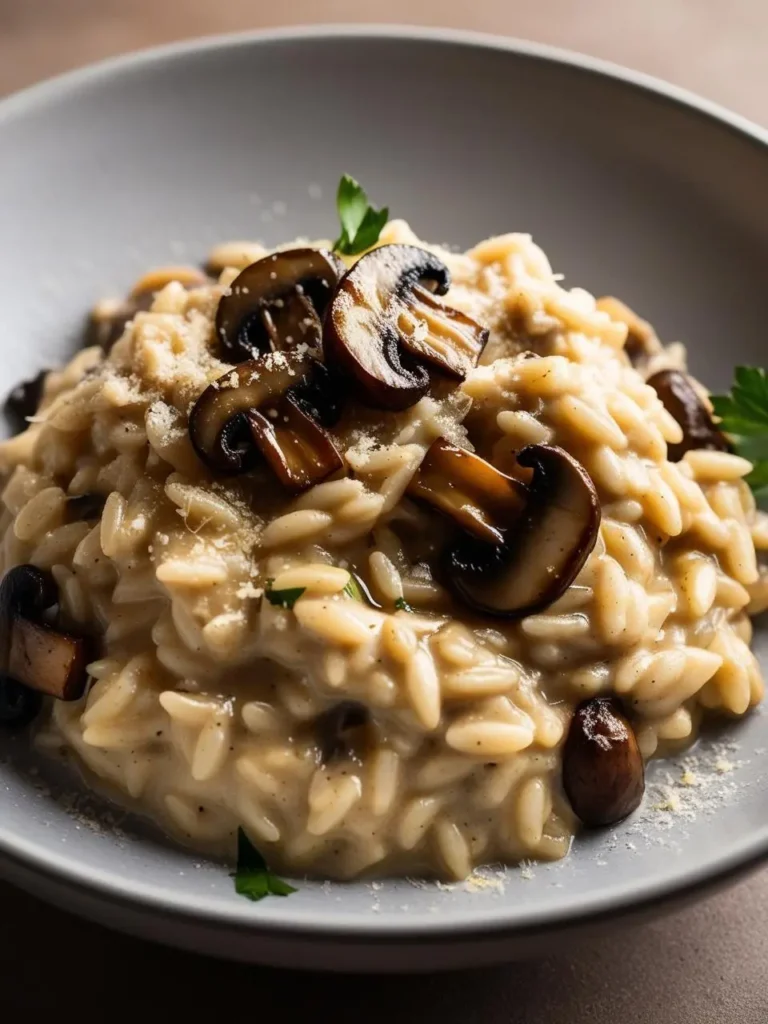 A plate of creamy mushroom risotto with sautéed mushrooms and Parmesan cheese, garnished with fresh parsley. The risotto looks rich, creamy, and delicious, perfect for a comforting meal.