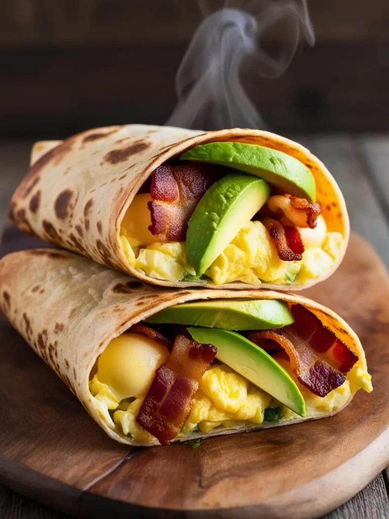 A pair of breakfast burritos placed on a wooden board, filled with scrambled eggs, crispy bacon, slices of fresh avocado, and melted cheese. The tortillas are perfectly toasted, with steam rising to indicate their warmth. The vibrant colors of the ingredients create an appetizing contrast, highlighting the rich and hearty flavors. 