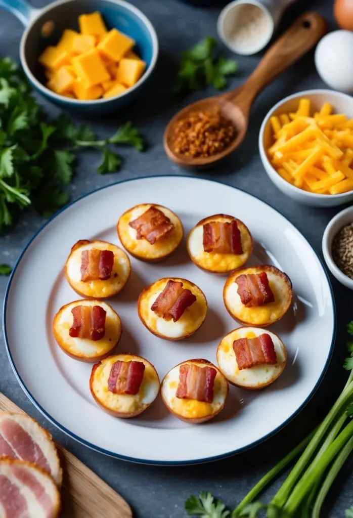 A plate of bacon and cheddar egg bites surrounded by fresh ingredients and kitchen utensils