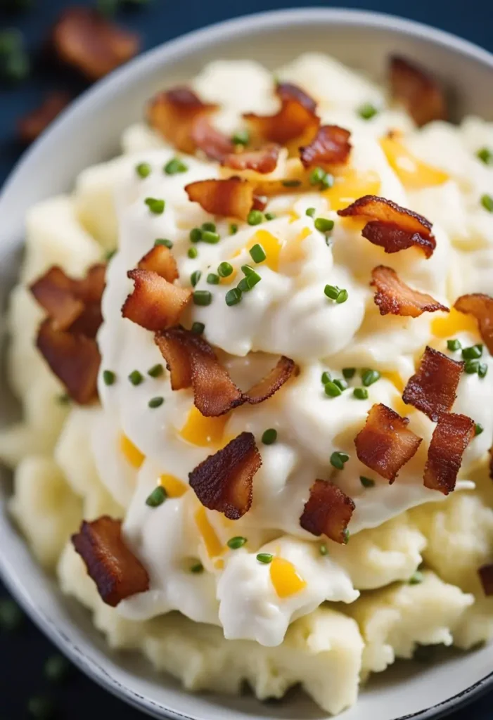 A steaming bowl of mashed potatoes topped with crispy bacon bits and a dollop of sour cream