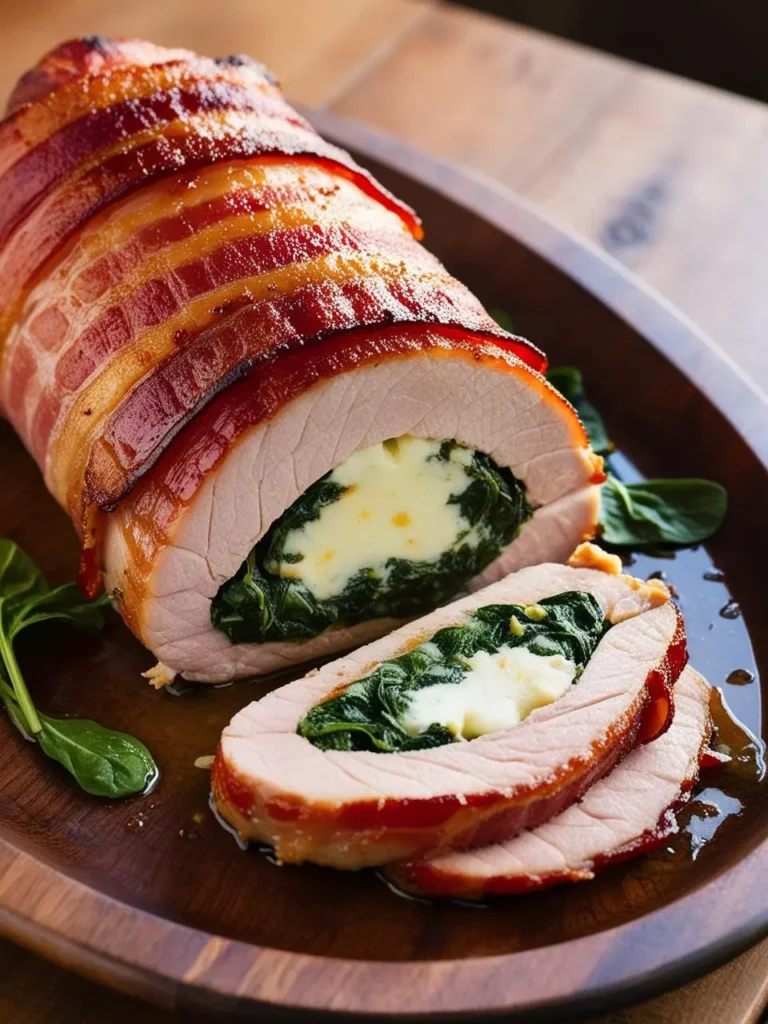 A bacon-wrapped pork tenderloin stuffed with spinach and feta cheese.