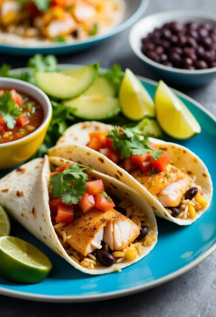 A colorful array of fresh ingredients like grilled fish, rice, beans, and salsa, all wrapped in a warm tortilla