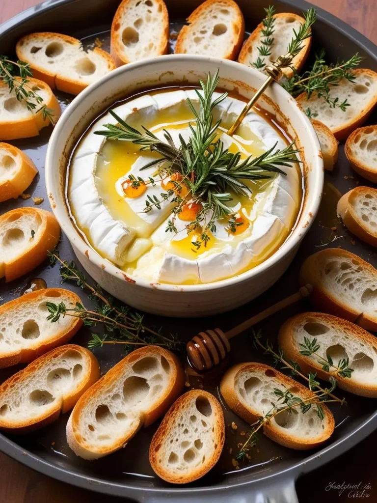 The image features a beautifully styled baked brie fondue. A round dish of melted brie cheese is garnished with fresh sprigs of rosemary and thyme, along with a drizzle of honey, creating a rich, aromatic presentation. Surrounding the cheese are slices of toasted baguette, ready for dipping, and a honey dipper lies nearby, adding a touch of rustic charm.