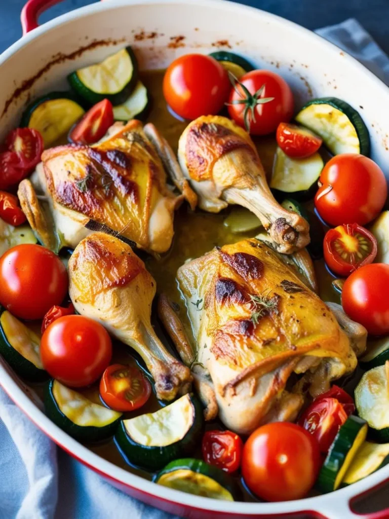 A baking dish filled with roasted chicken legs, cherry tomatoes, and zucchini.