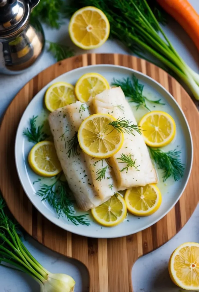 A plate of baked cod topped with lemon slices and dill, surrounded by colorful vegetables and herbs on a wooden cutting board