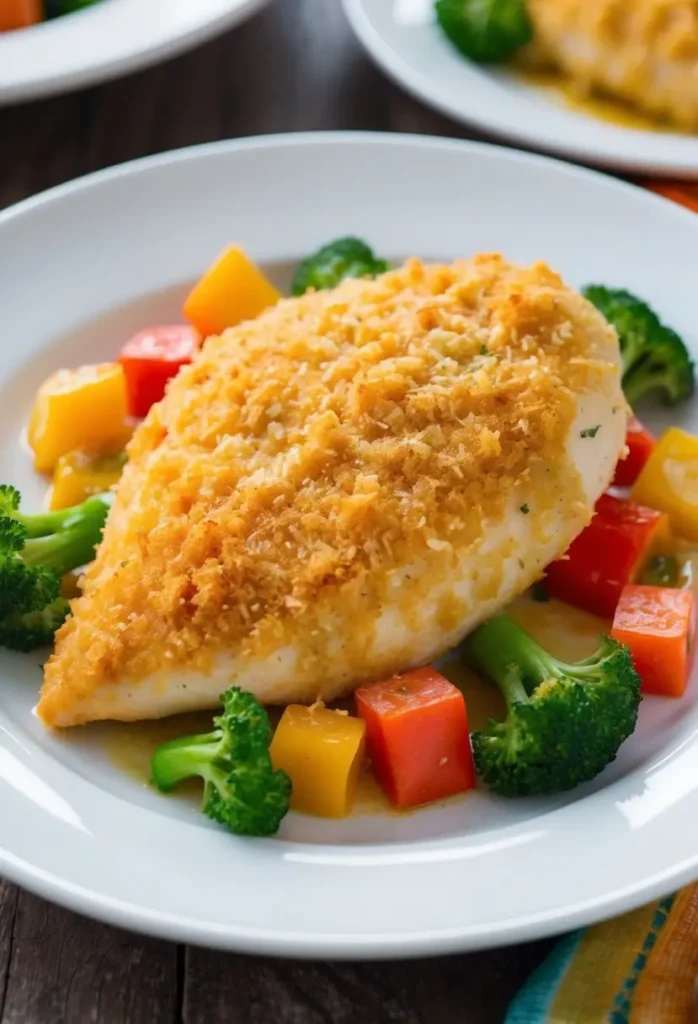 A golden-brown chicken breast coated in a crispy garlic parmesan crust, surrounded by colorful vegetables on a white dinner plate