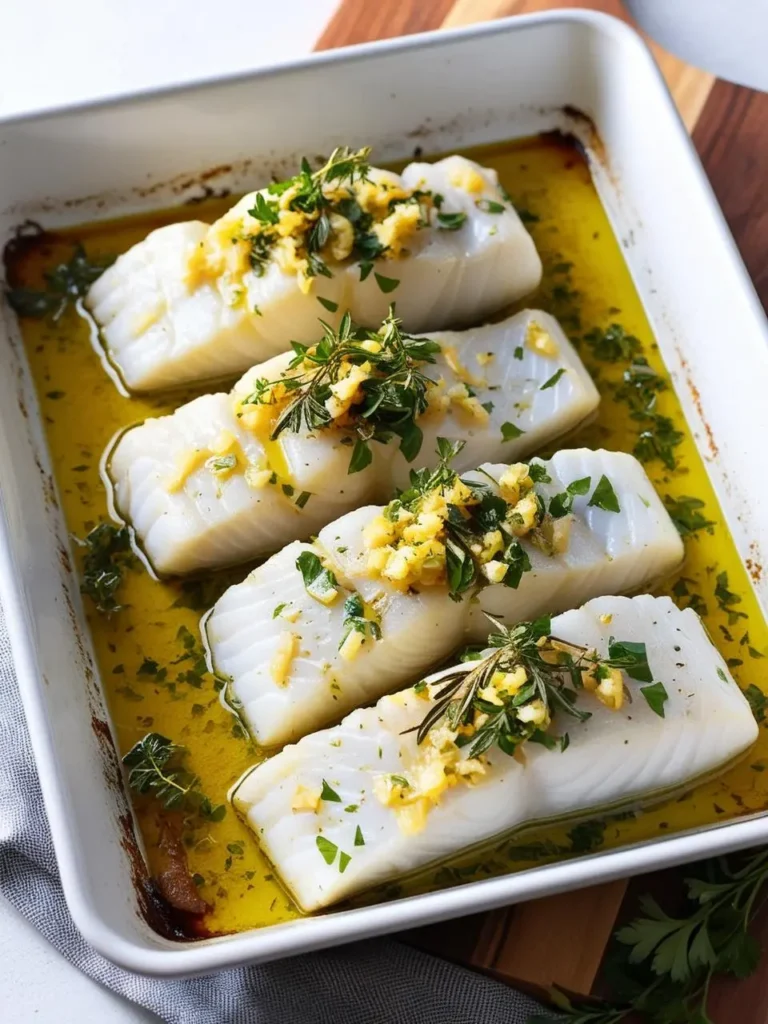 A halibut fillet is being baked in the oven with a sprinkle of garlic and herbs on top, surrounded by a few lemon slices