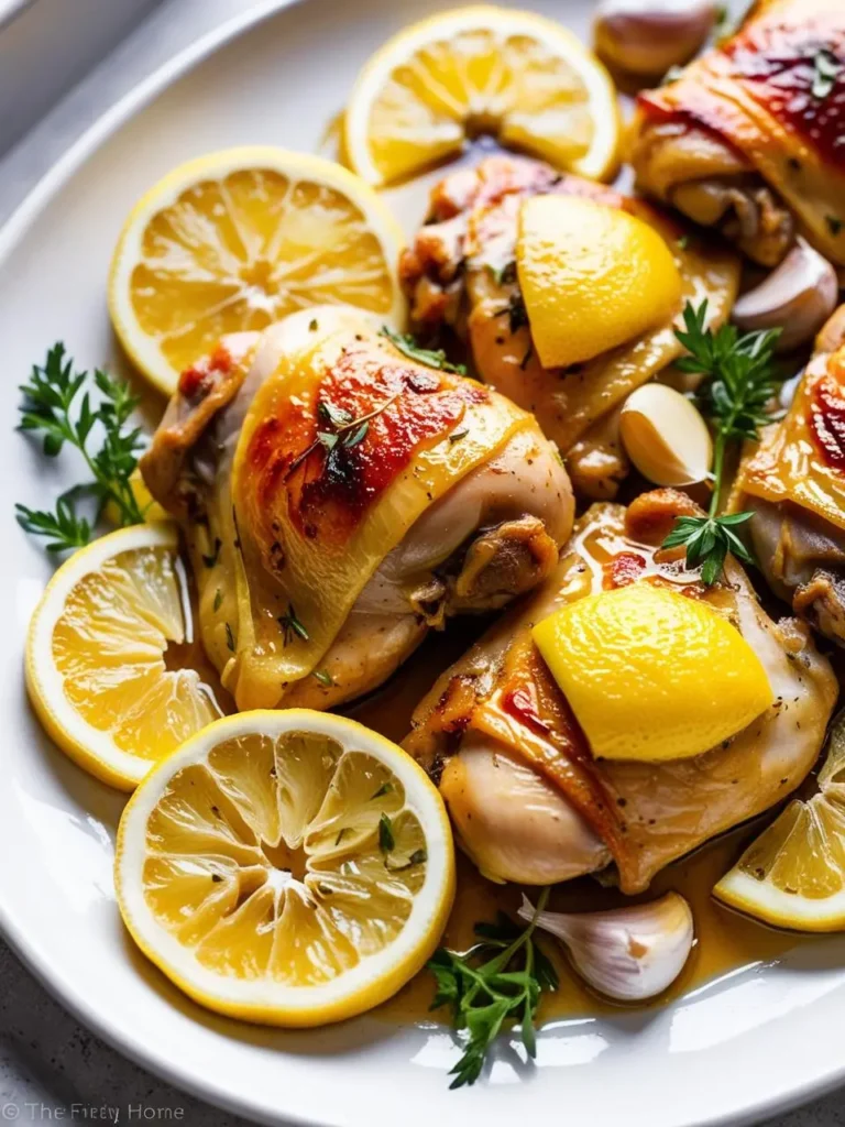 A platter of juicy, golden-brown lemon-garlic roasted chicken thighs, garnished with lemon slices and fresh herbs. The chicken looks tender and flavorful, perfect for a weeknight dinner.