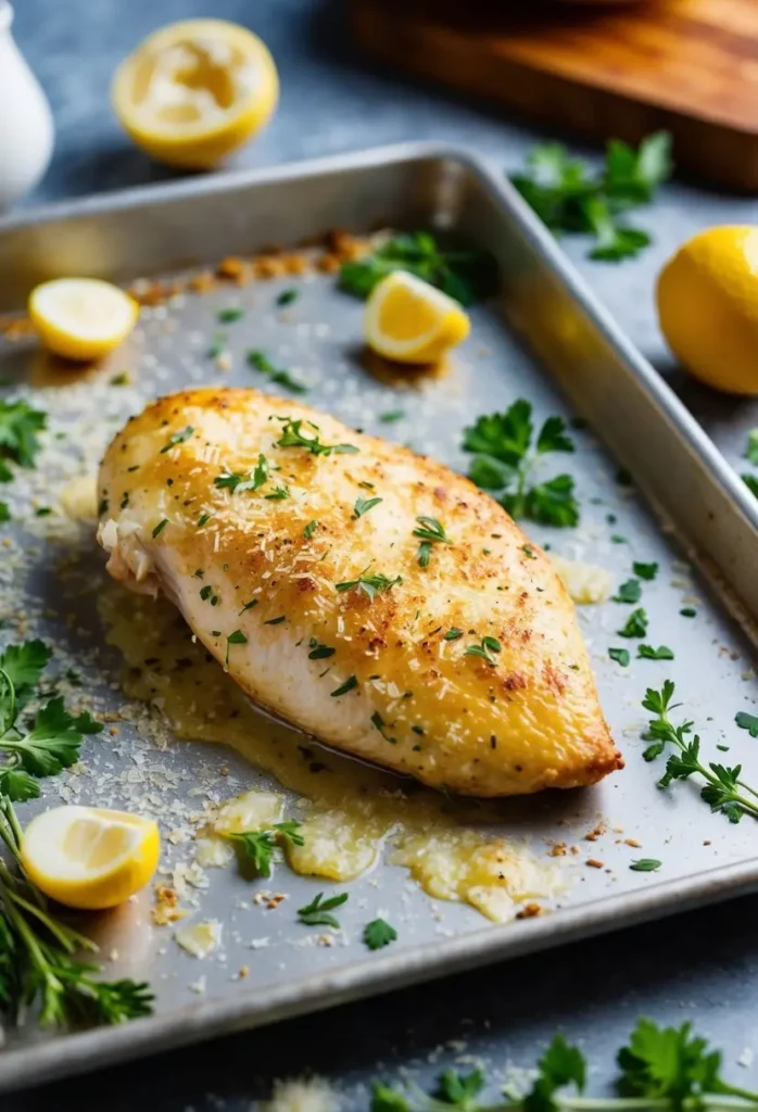 A golden-brown chicken breast coated in Parmesan and herbs, resting on a baking tray with fresh ingredients scattered around