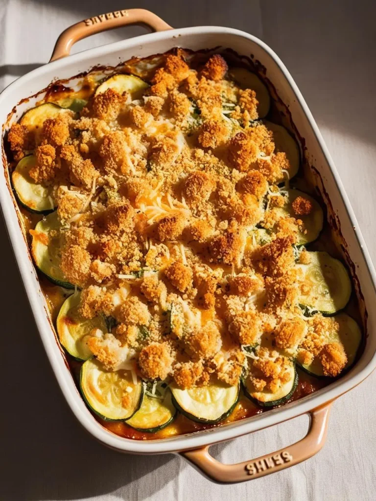 A golden-brown baked zucchini casserole sits on a rustic wooden table, surrounded by vibrant, fresh vegetables and aromatic herbs