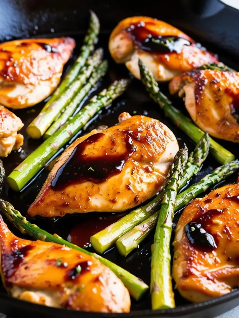 A skillet filled with golden-brown chicken breasts and asparagus. The chicken is glazed with a sweet and savory sauce and looks incredibly appetizing. The dish is perfect for a quick and easy meal.