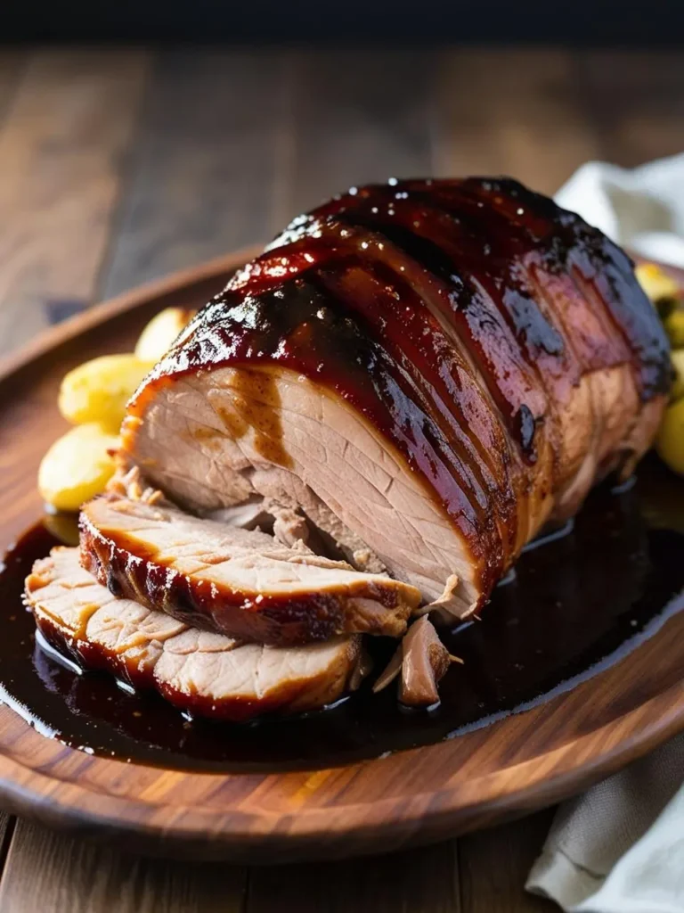 A juicy pork loin wrapped in bacon, glazed with a sweet and savory sauce, and served with roasted potatoes on a wooden platter.