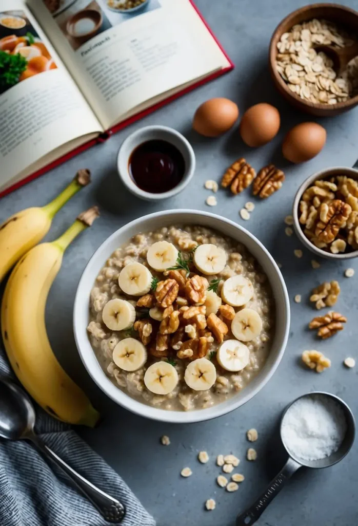 A bowl of banana walnut oatmeal surrounded by ingredients and a recipe book