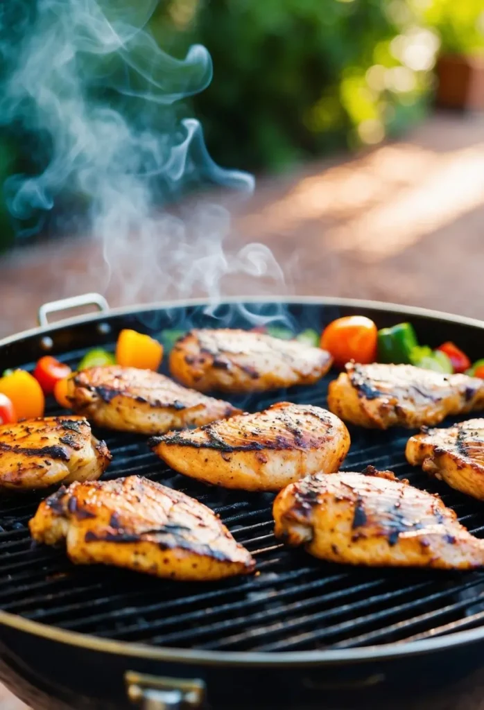 A sizzling barbecue grill with perfectly cooked chicken breasts, surrounded by colorful vegetables and a hint of smoke in the air