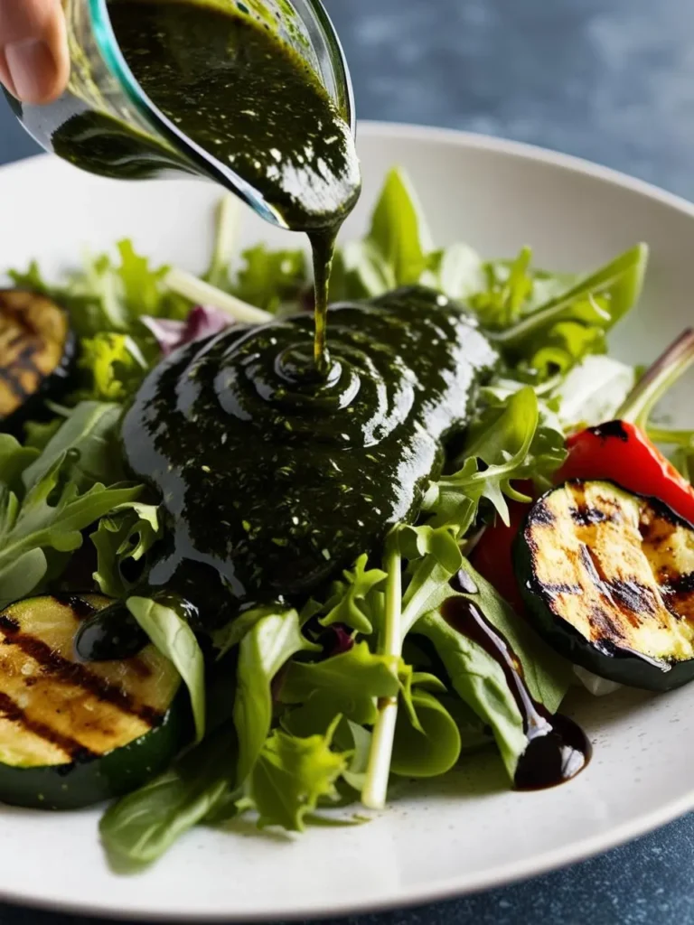 A dark green dressing is being poured onto a salad with grilled vegetables. The salad includes mixed greens, grilled zucchini, and red peppers. The dressing creates a beautiful swirl pattern on top of the salad.