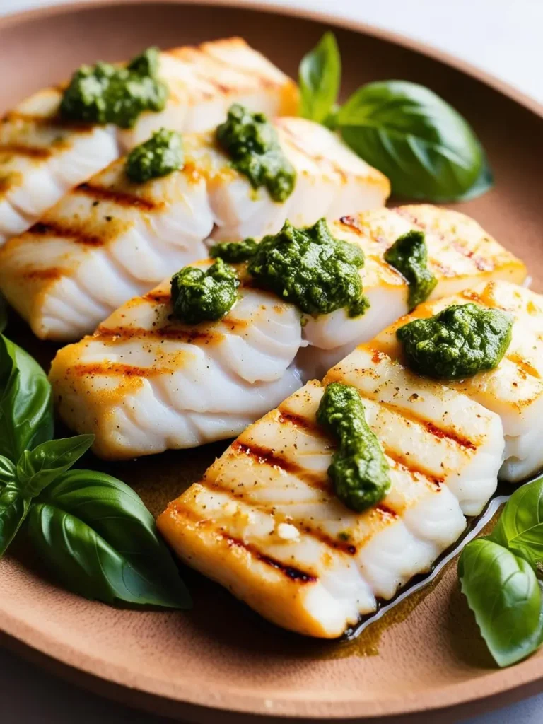 Three golden-brown grilled cod fillets, drizzled with a vibrant green pesto sauce and garnished with fresh basil leaves. The fish looks perfectly cooked and incredibly appetizing.