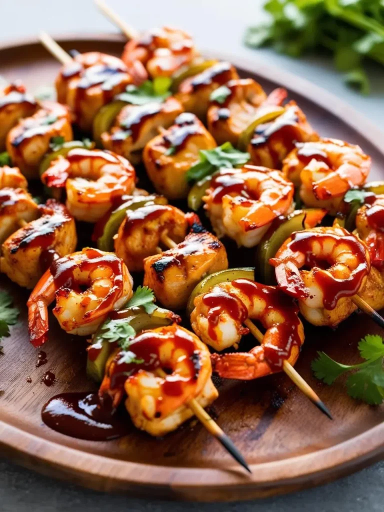 A platter of grilled shrimp and chicken skewers, drizzled with a sweet and tangy barbecue sauce. The skewers are arranged on a wooden board, garnished with fresh cilantro.