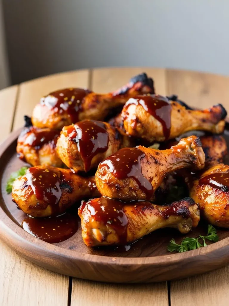 A pile of juicy, grilled chicken drumsticks on a wooden plate. The drumsticks are coated in a thick, glossy barbecue sauce and look incredibly appetizing.