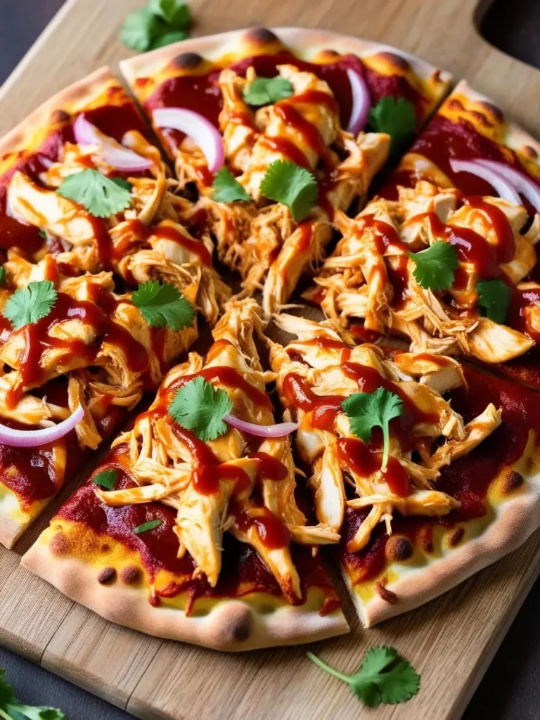 A close-up view of a freshly baked BBQ chicken pizza on a wooden cutting board. The pizza is topped with shredded chicken coated in a rich BBQ sauce, thin slices of red onion, and garnished with fresh cilantro leaves. The crust is golden and slightly charred, adding to the appealing presentation. The vibrant colors of the toppings contrast with the warm, baked crust, creating a mouthwatering look perfect for showcasing a hearty homemade or restaurant-style pizza.