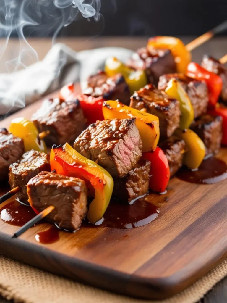 A close-up of skewers loaded with juicy beef cubes and colorful bell peppers, sizzling on a wooden board. The skewers are drizzled with a savory sauce, and steam is rising from the meat.