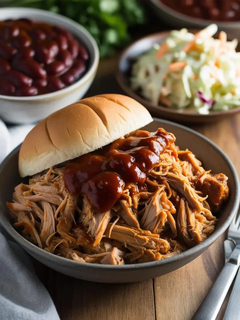 A plate of pulled pork with a side of coleslaw and barbecue sauce. The pork is shredded and covered in a thick, tangy sauce. The dish looks incredibly appetizing and perfect for a barbecue or backyard party.