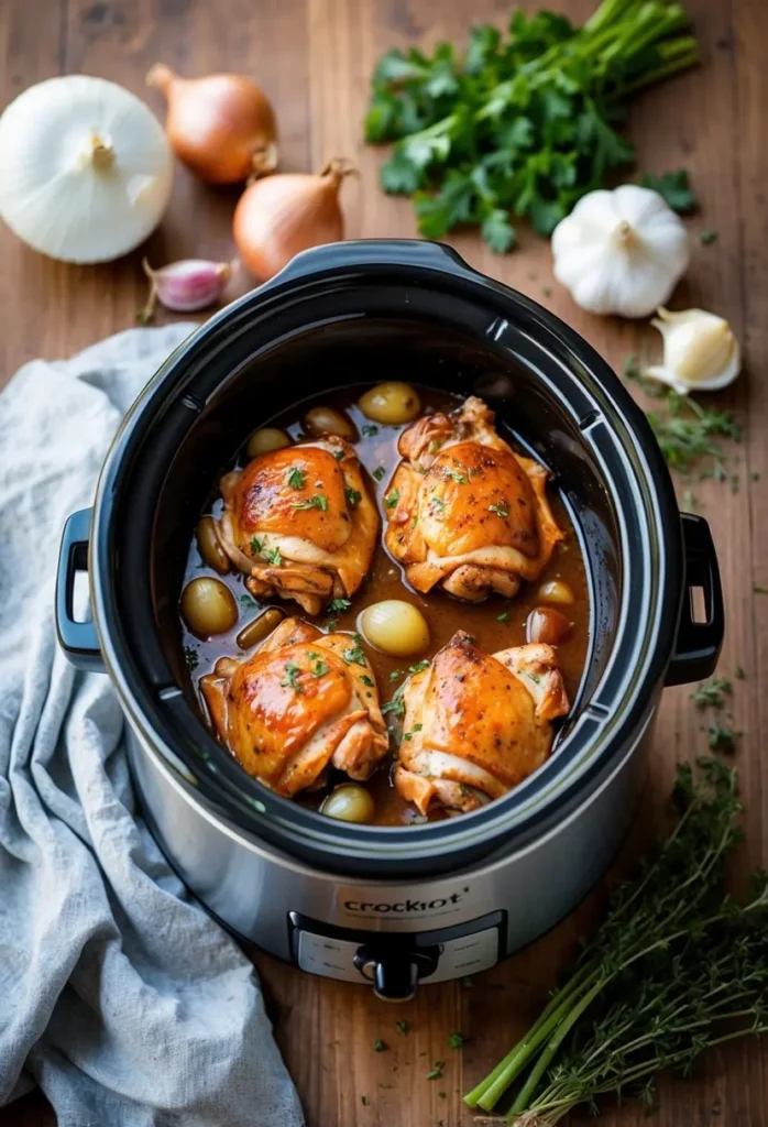 A crockpot filled with BBQ ranch chicken thighs surrounded by ingredients like onions, garlic, and herbs