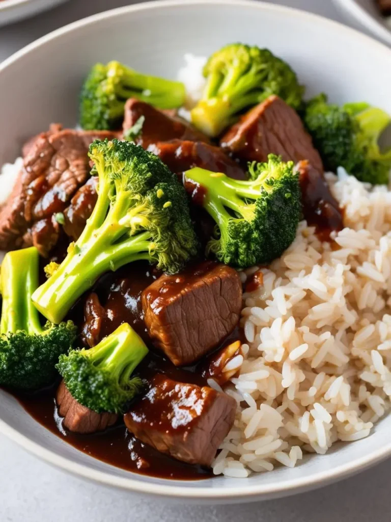 A plate of beef and broccoli, a classic Chinese dish. Tender slices of beef are stir-fried with crisp broccoli florets in a savory sauce and served over a bed of white rice.