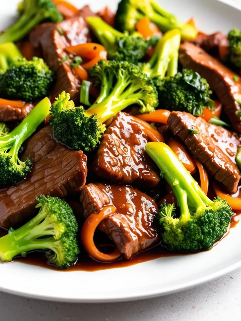 A close-up photo of a plate of beef and broccoli stir-fry. The beef is cooked to perfection and is glazed with a savory sauce. The broccoli florets are bright green and add a vibrant color to the dish.