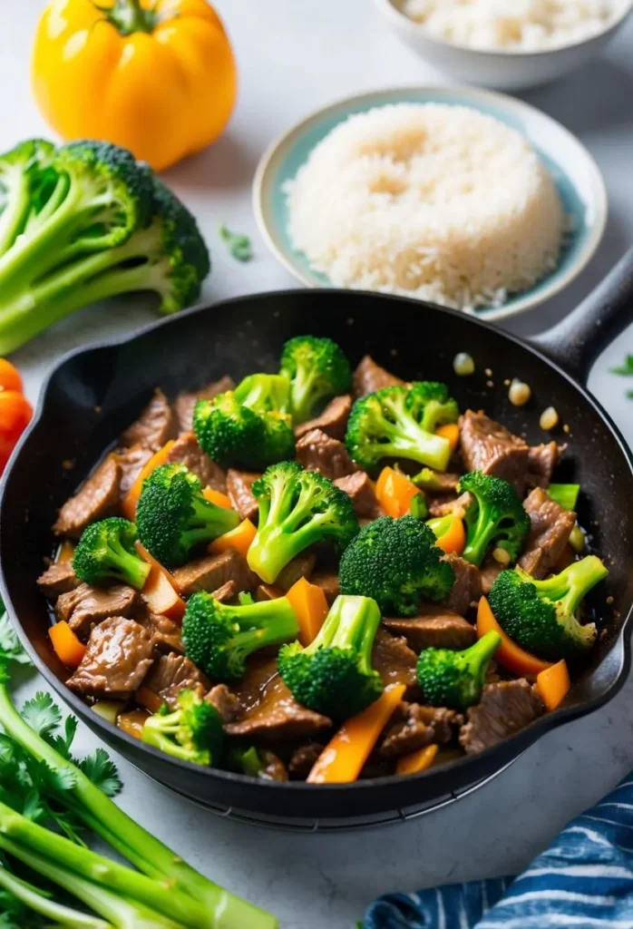 A sizzling skillet of beef and broccoli stir-fry, surrounded by vibrant vegetables and steaming rice