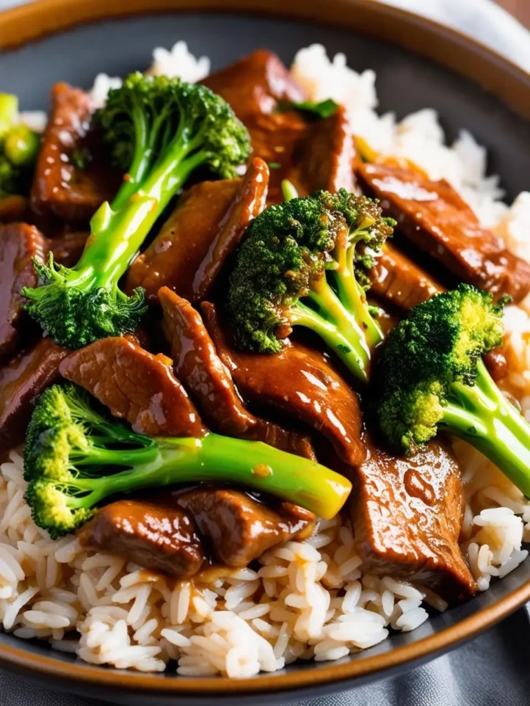 A plate of Chinese beef and broccoli, a classic Chinese dish. Tender slices of beef are stir-fried with crisp broccoli florets in a savory sauce and served over a bed of white rice.