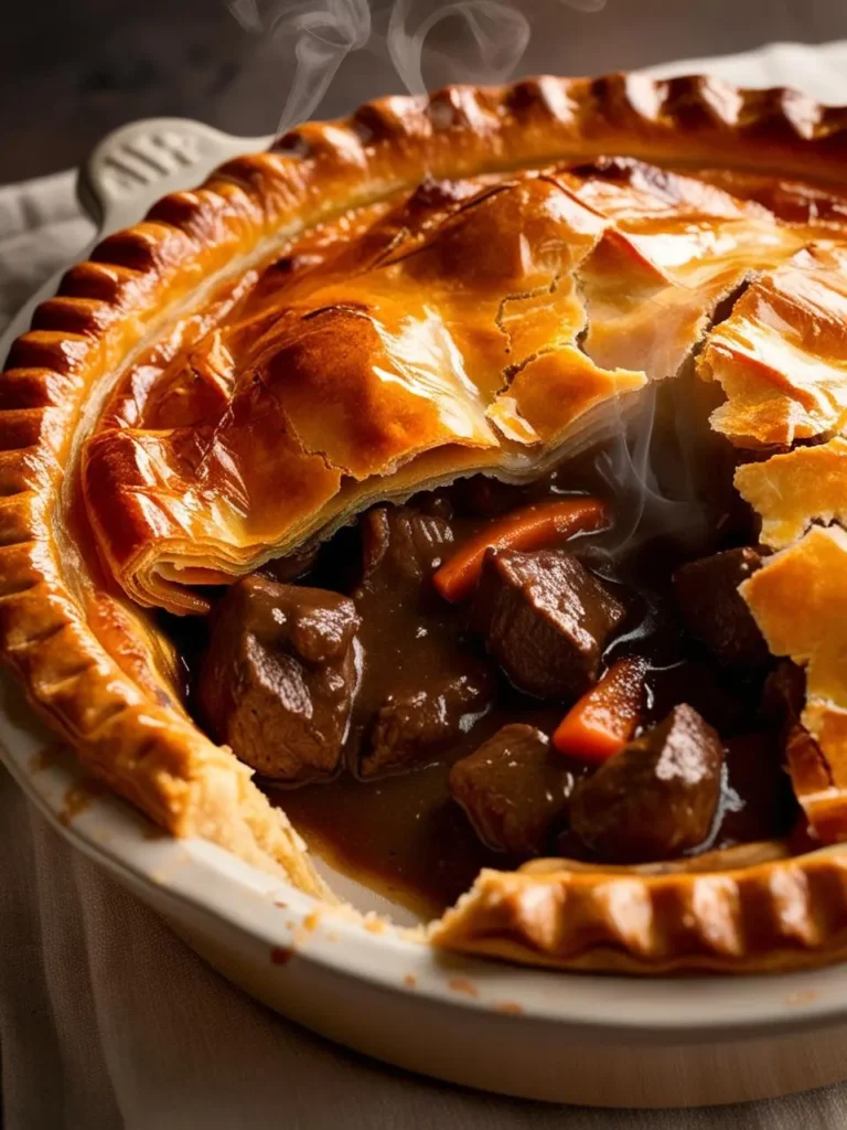 A steaming hot meat pie with a golden brown crust, filled with tender chunks of meat and vegetables.